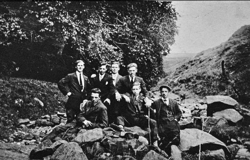 Group in river bed.JPG - Group in river bed  From left to right:   Back row:  - unknown - unknown - Alan Ward - unknown - Bob Ellershaw  Front row:  - unknown - unknown - Billy Harrison   ( Can anyone identify the others? ) 